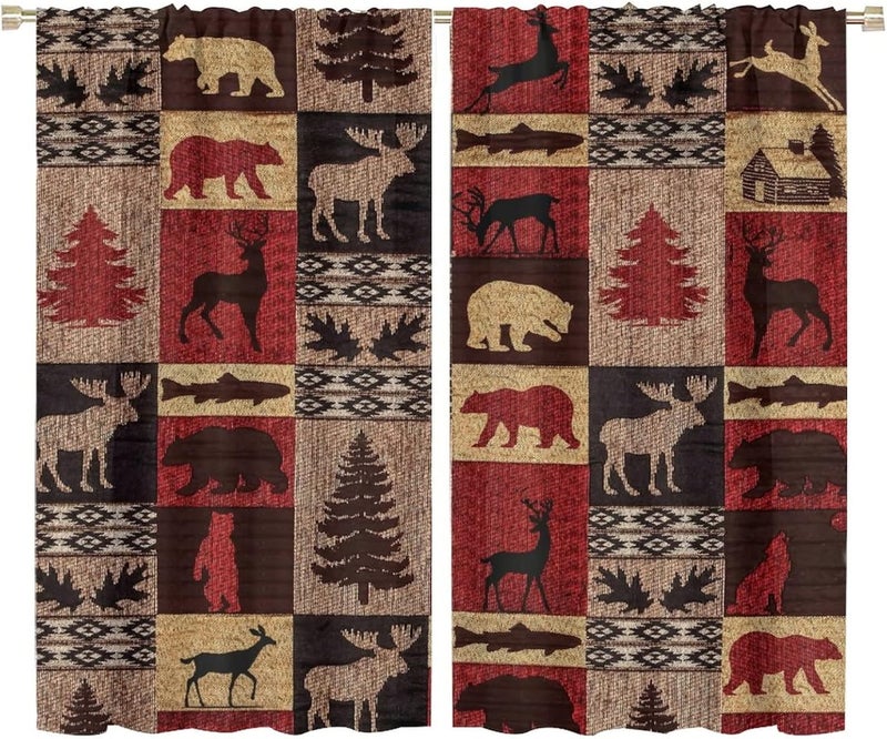 Kazynee Vintage Check Black Bear Rod Pocket Blackout Curtains for Living Room,Noise Reduction Rustic Country Farmhouse Cabin Elk Tree Plaid Window Treatment Drapes,2 Panels 63L x 36W - Image 1